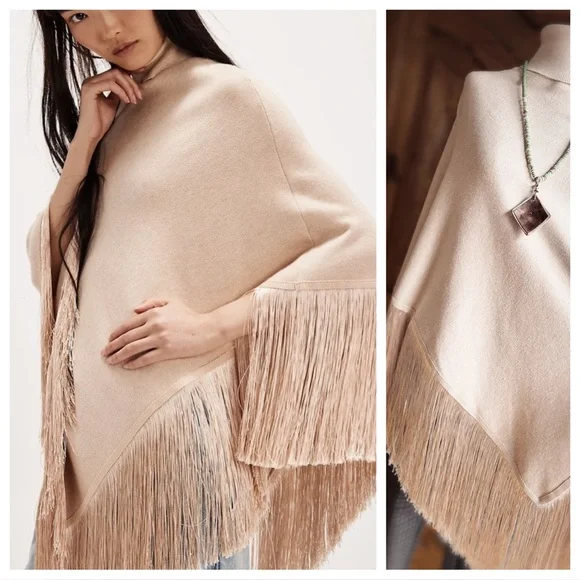Free People Fringy Poncho S NWT Tan CreamLuxe Boho Winter Layer